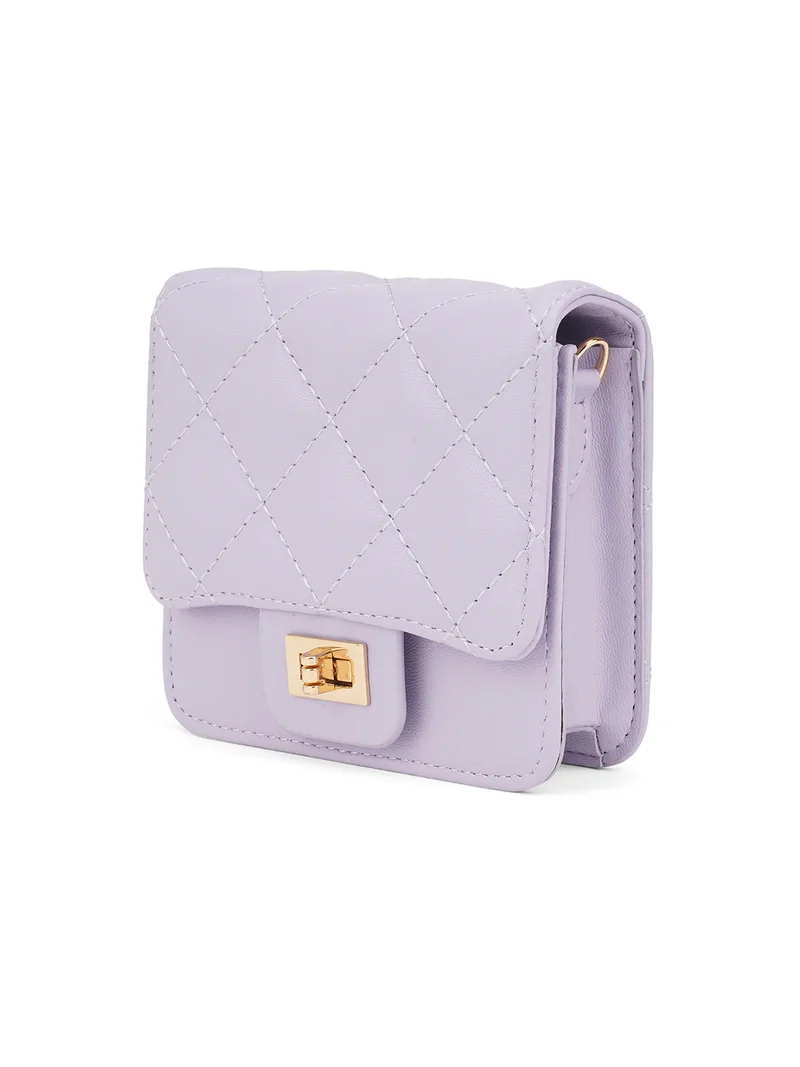 جلو باص Globus Women Lavender Puffed Quilted Twistlock Small Square Party Sling Bag With Detachable Chain Strap